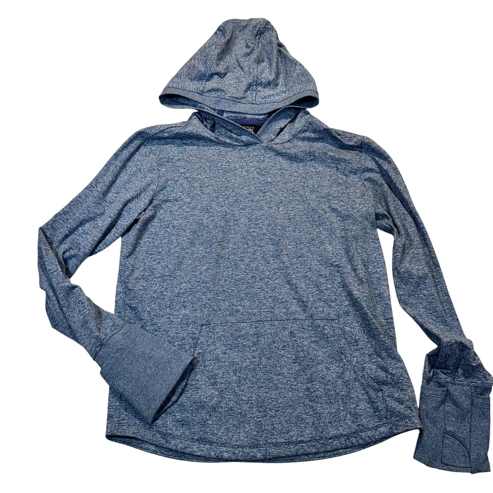 Athleta Girl Uptempo Hooded Top Kids XL 14 Blue Heathered Activewear Thumbhole